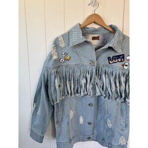 Oversized Denim Jacket by POL Brand Jean with fringe and pins plaid inside SZ S